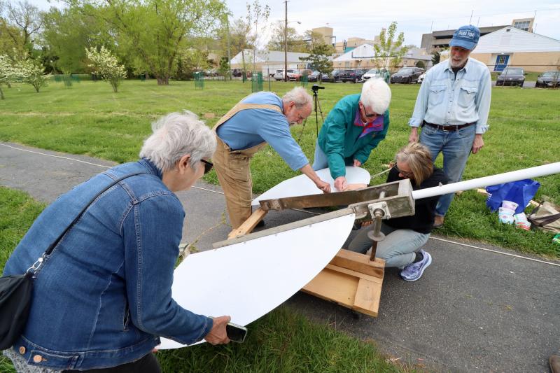 (L-R) Linda Daniel, Paul Daniel, Lewes Councilman Tim Ritzert, Lewes Public Art Committee member Steve Walker and committee Chair Heidi Lowe help assemble “M.T. Skirt” April 24.